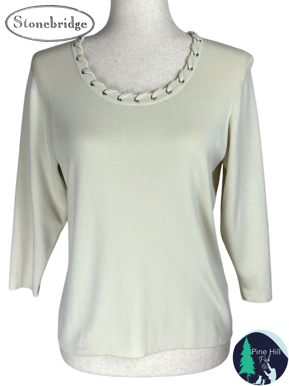 Stonebridge Sweater Petite MP Cream Lace-Up Neck 3/4 Sleeve Rayon Knit Feminine